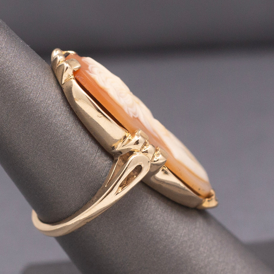 Vintage Large Shell Cameo Woman's Silhouette Statement Ring in 14k Yellow Gold