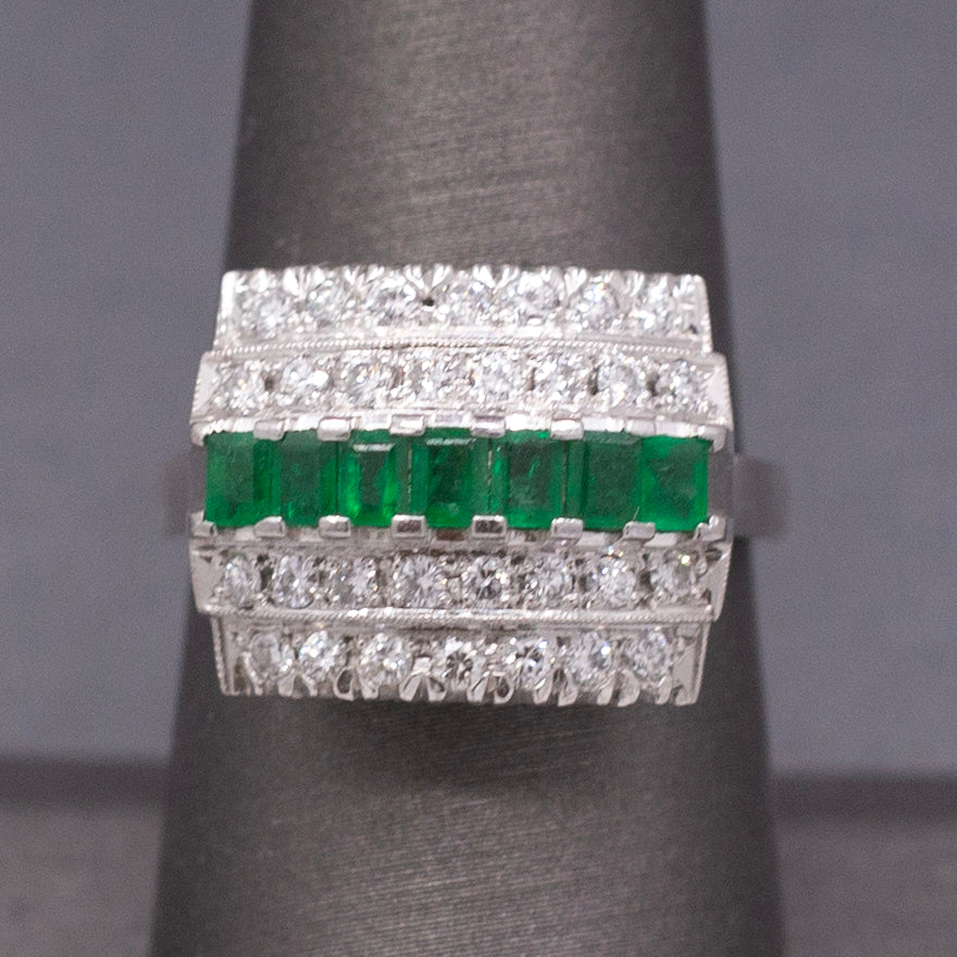 Mid-Century Emerald and Diamond Five Row Band Ring in Platinum