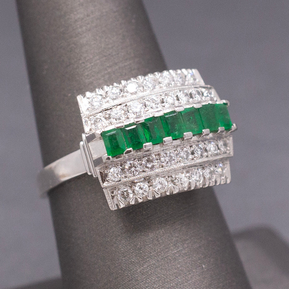Mid-Century Emerald and Diamond Five Row Band Ring in Platinum