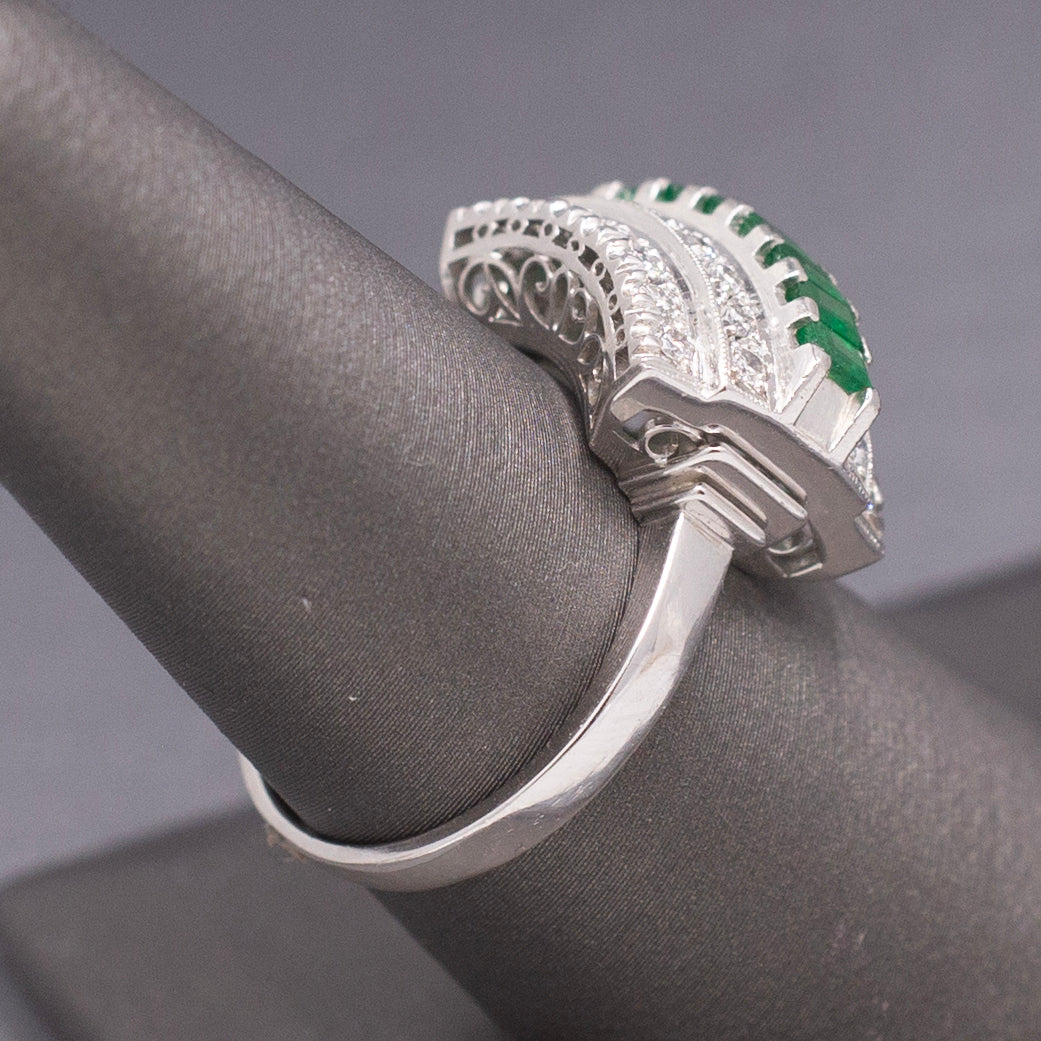 Mid-Century Emerald and Diamond Five Row Band Ring in Platinum