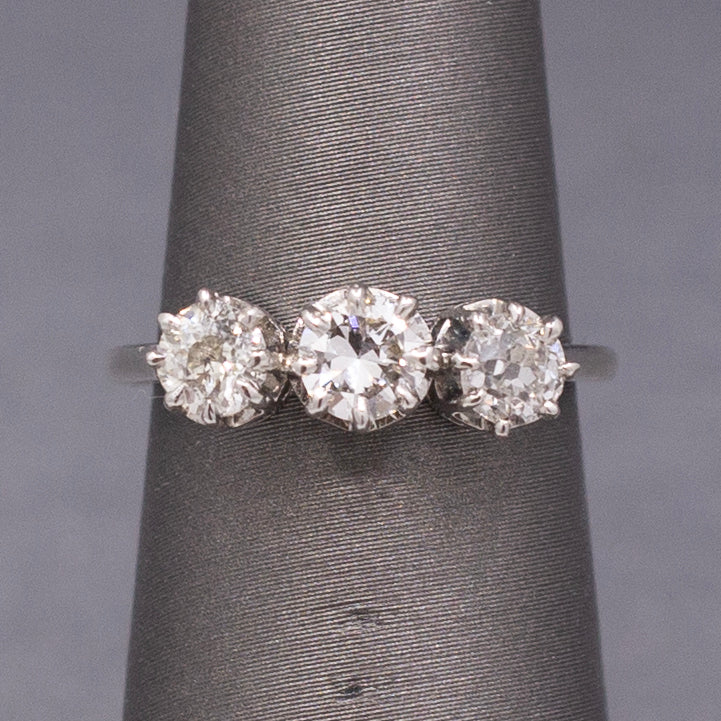 Art Deco Three Stone Old Mine Cut and Old European Cut Diamond Ring in Platinum