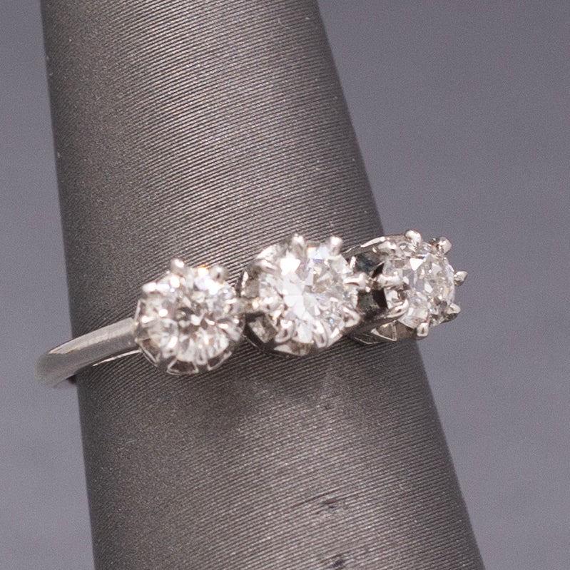 Art Deco Three Stone Old Mine Cut and Old European Cut Diamond Ring in Platinum