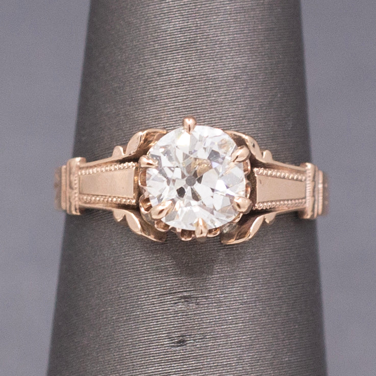 Antique Victorian 1.10ct Old Mine Cut Diamond Solitaire Ring in 10k Rose Gold
