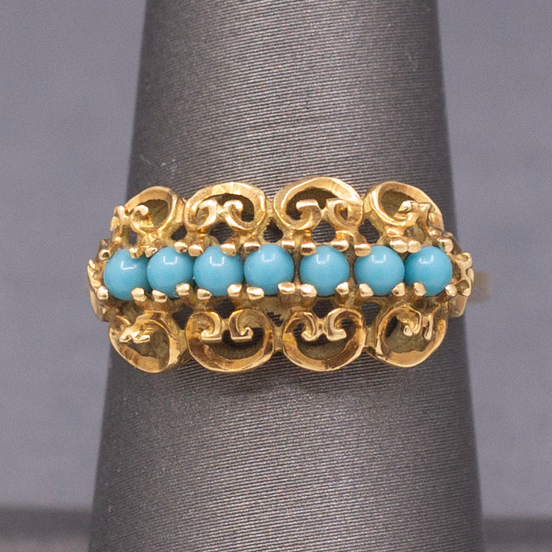 Vintage Turquoise Glass Curly Row Band Ring in 18k Yellow Gold