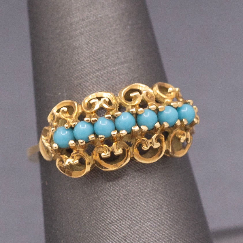 Vintage Turquoise Glass Curly Row Band Ring in 18k Yellow Gold