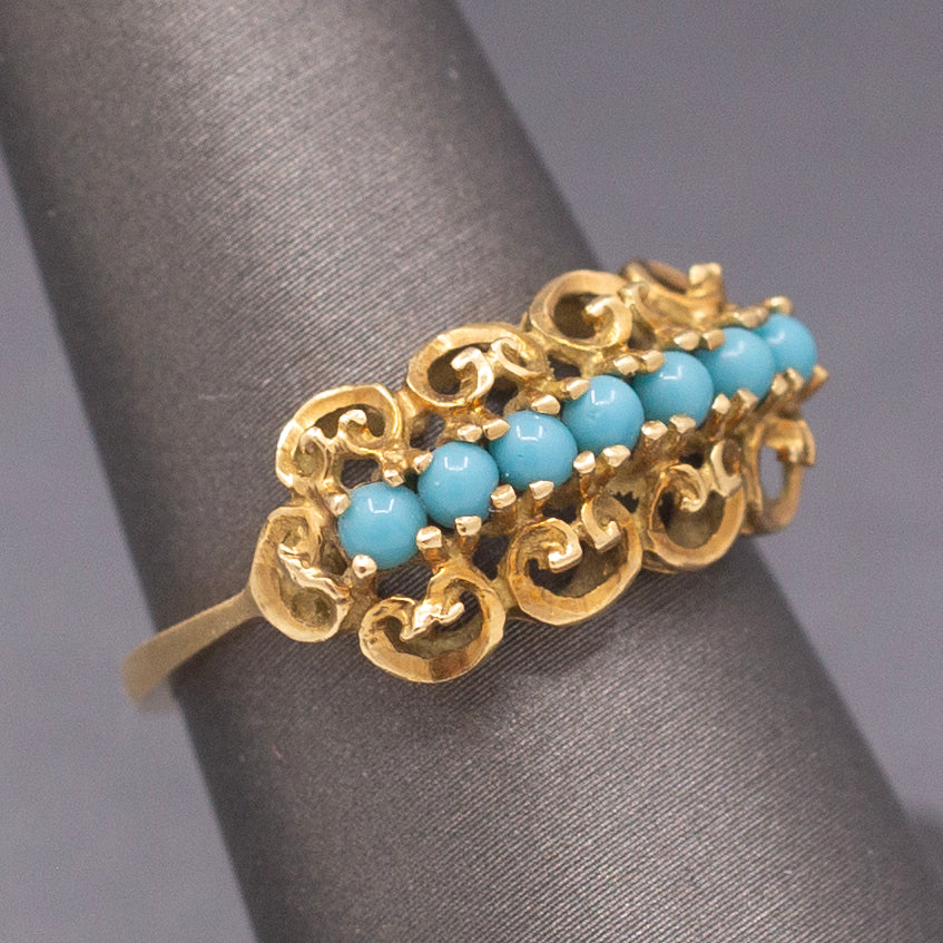 Vintage Turquoise Glass Curly Row Band Ring in 18k Yellow Gold