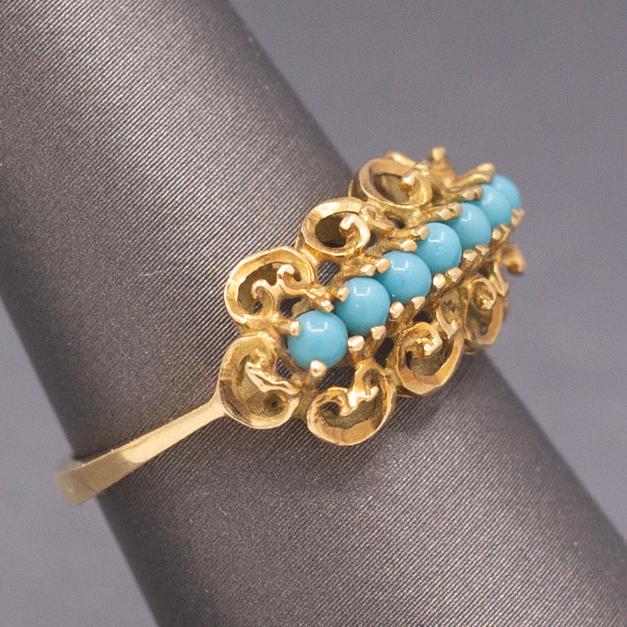Vintage Turquoise Glass Curly Row Band Ring in 18k Yellow Gold