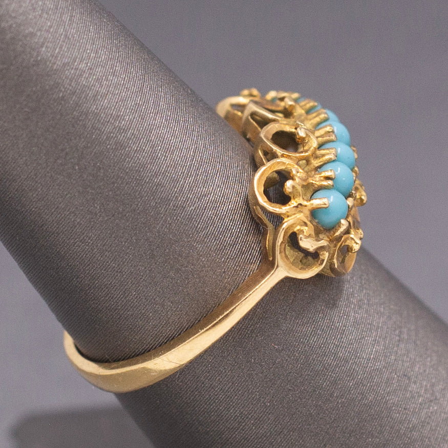 Vintage Turquoise Glass Curly Row Band Ring in 18k Yellow Gold