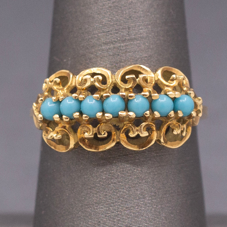 Vintage Turquoise Glass Curly Row Band Ring in 18k Yellow Gold