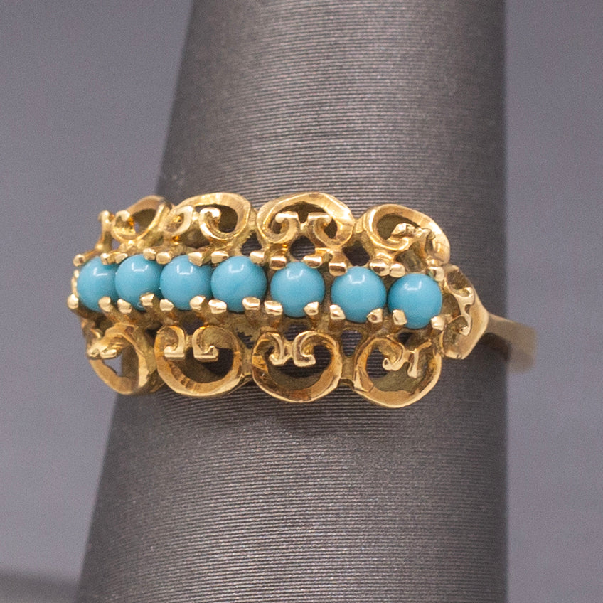 Vintage Turquoise Glass Curly Row Band Ring in 18k Yellow Gold