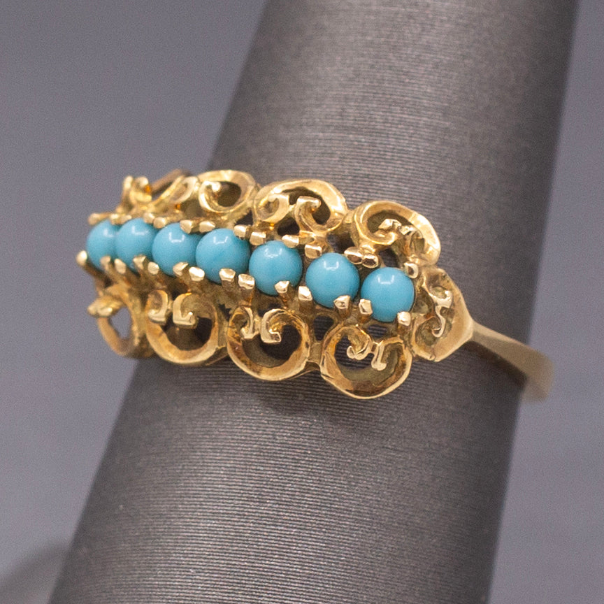 Vintage Turquoise Glass Curly Row Band Ring in 18k Yellow Gold