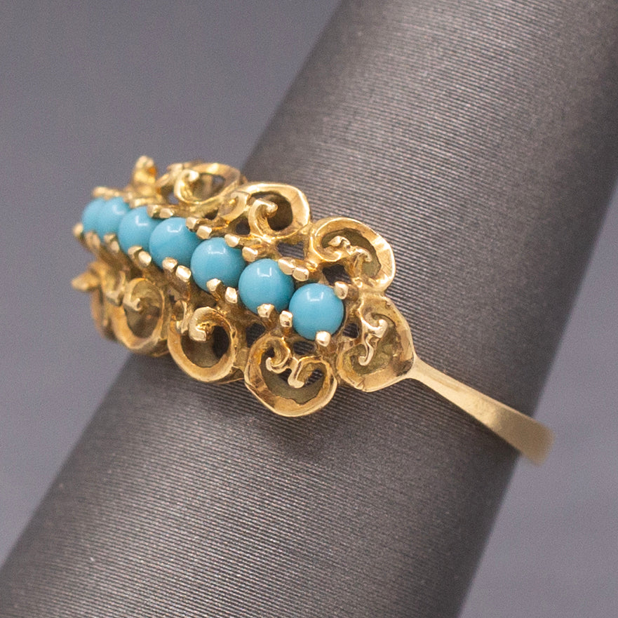 Vintage Turquoise Glass Curly Row Band Ring in 18k Yellow Gold