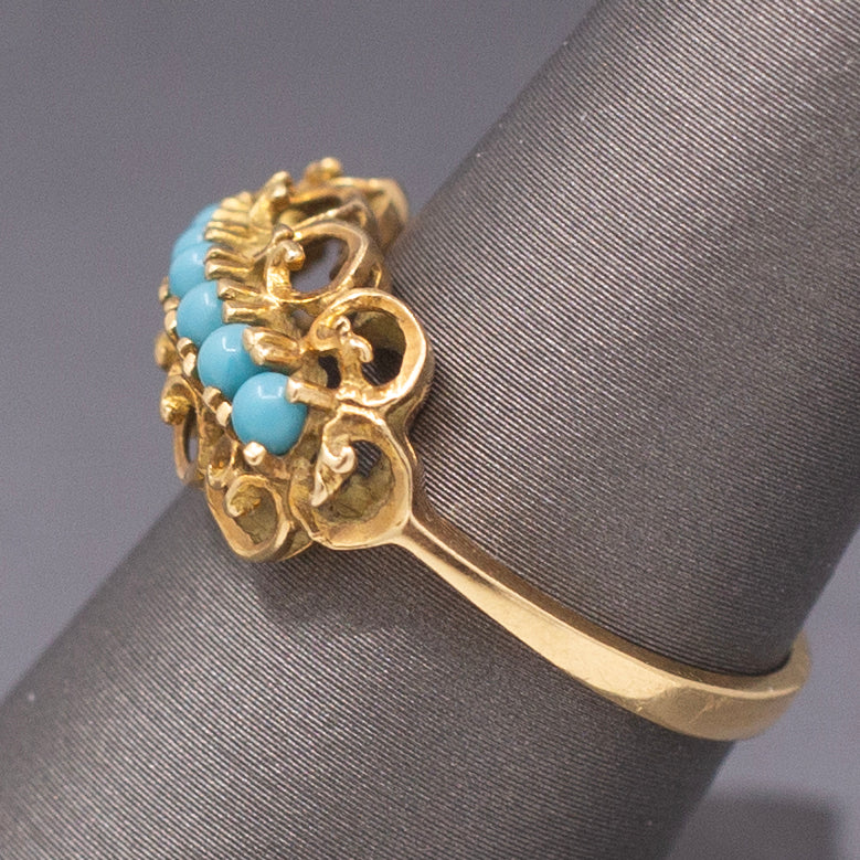 Vintage Turquoise Glass Curly Row Band Ring in 18k Yellow Gold