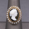 Antique Victorian Black and White Cameo Ring with Pearl Frame in 10k Yellow Gold