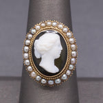 Antique Victorian Black and White Cameo Ring with Pearl Frame in 10k Yellow Gold