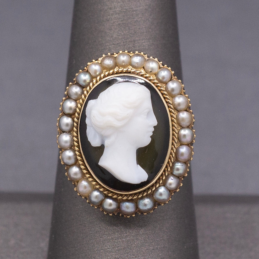 Antique Victorian Black and White Cameo Ring with Pearl Frame in 10k Yellow Gold