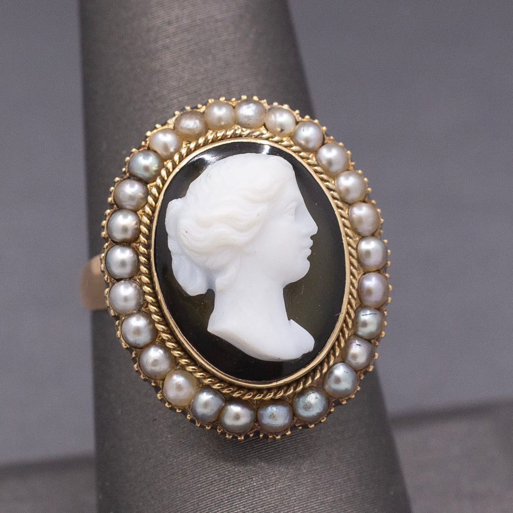 Antique Victorian Black and White Cameo Ring with Pearl Frame in 10k Yellow Gold