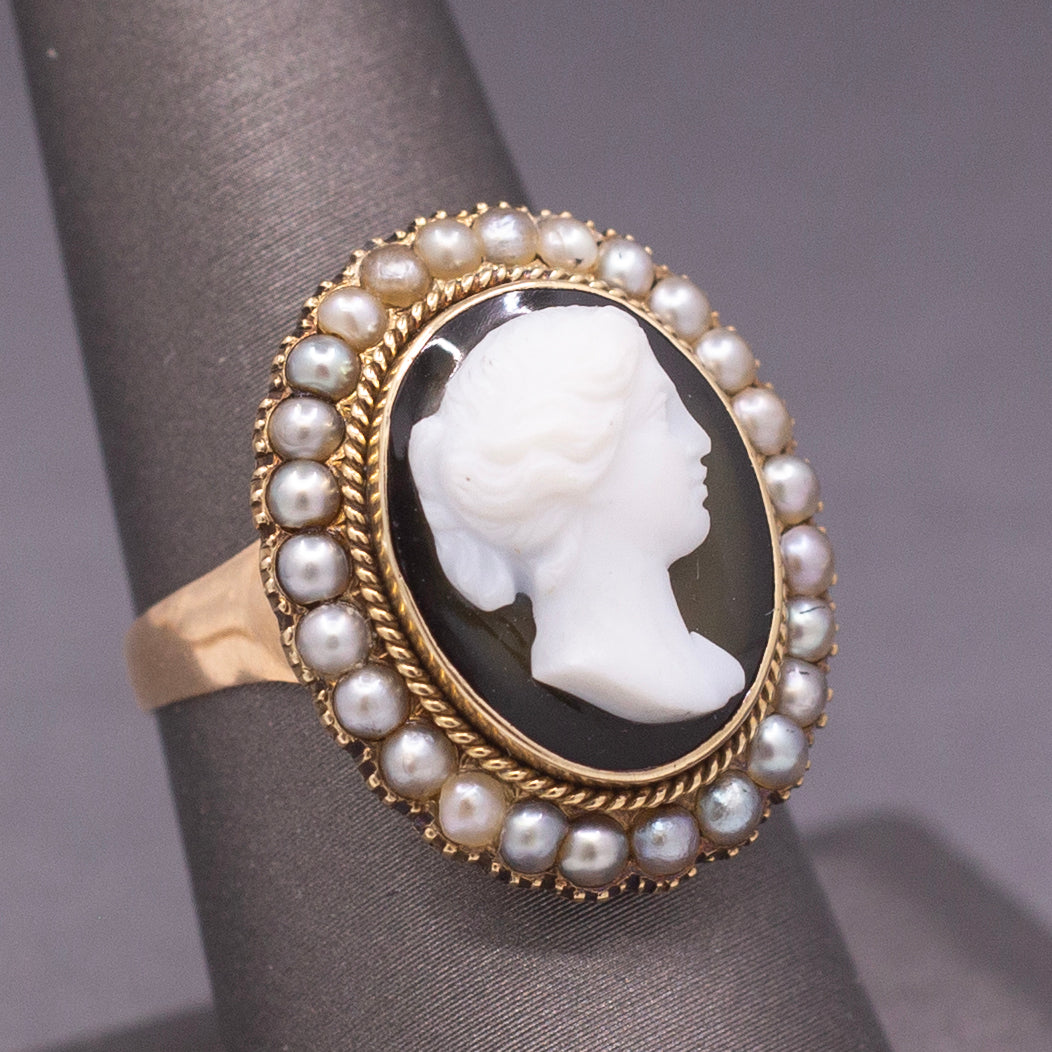 Antique Victorian Black and White Cameo Ring with Pearl Frame in 10k Yellow Gold