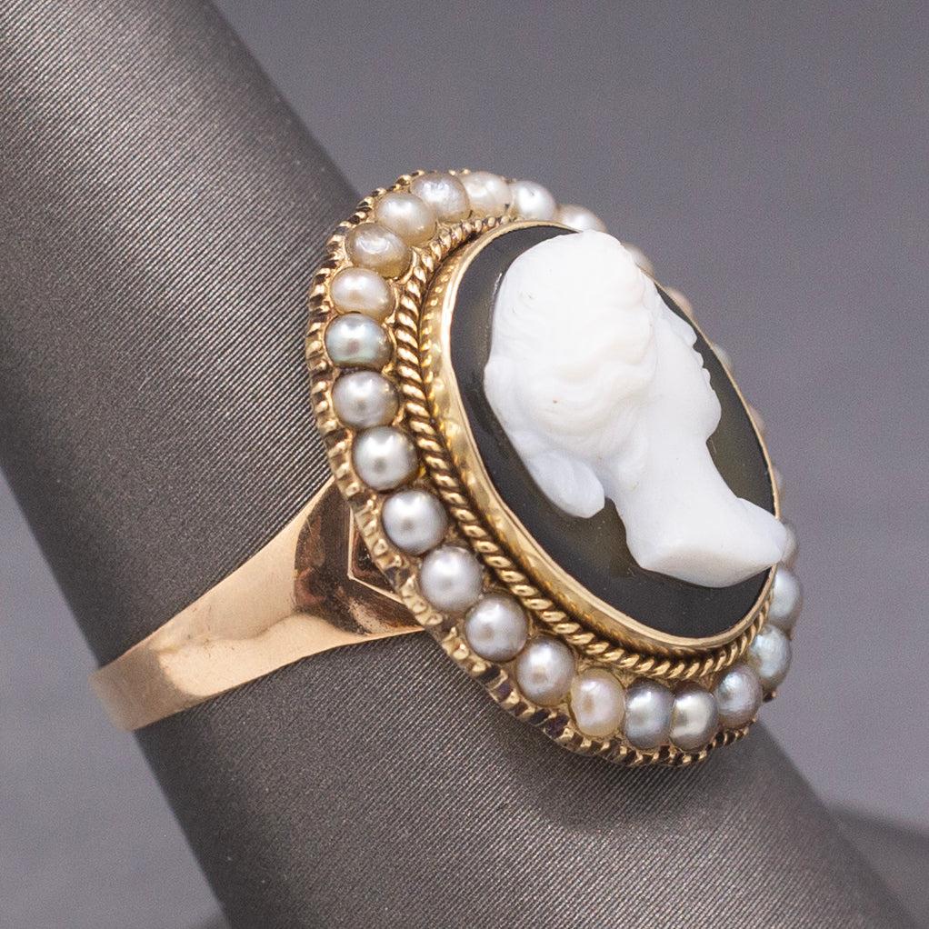 Antique Victorian Black and White Cameo Ring with Pearl Frame in 10k Yellow Gold