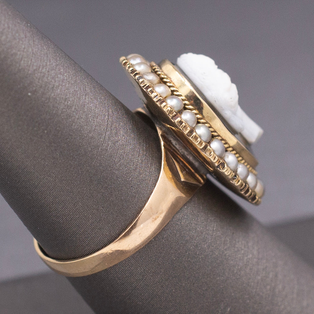 Antique Victorian Black and White Cameo Ring with Pearl Frame in 10k Yellow Gold