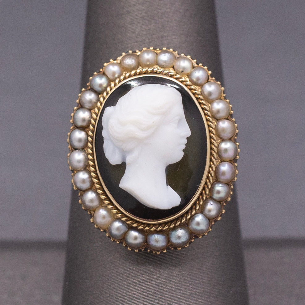 Antique Victorian Black and White Cameo Ring with Pearl Frame in 10k Yellow Gold