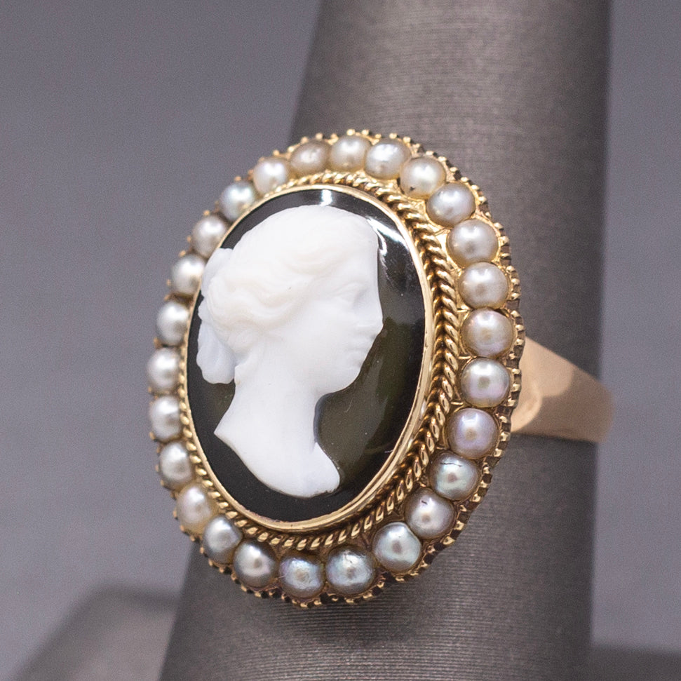 Antique Victorian Black and White Cameo Ring with Pearl Frame in 10k Yellow Gold