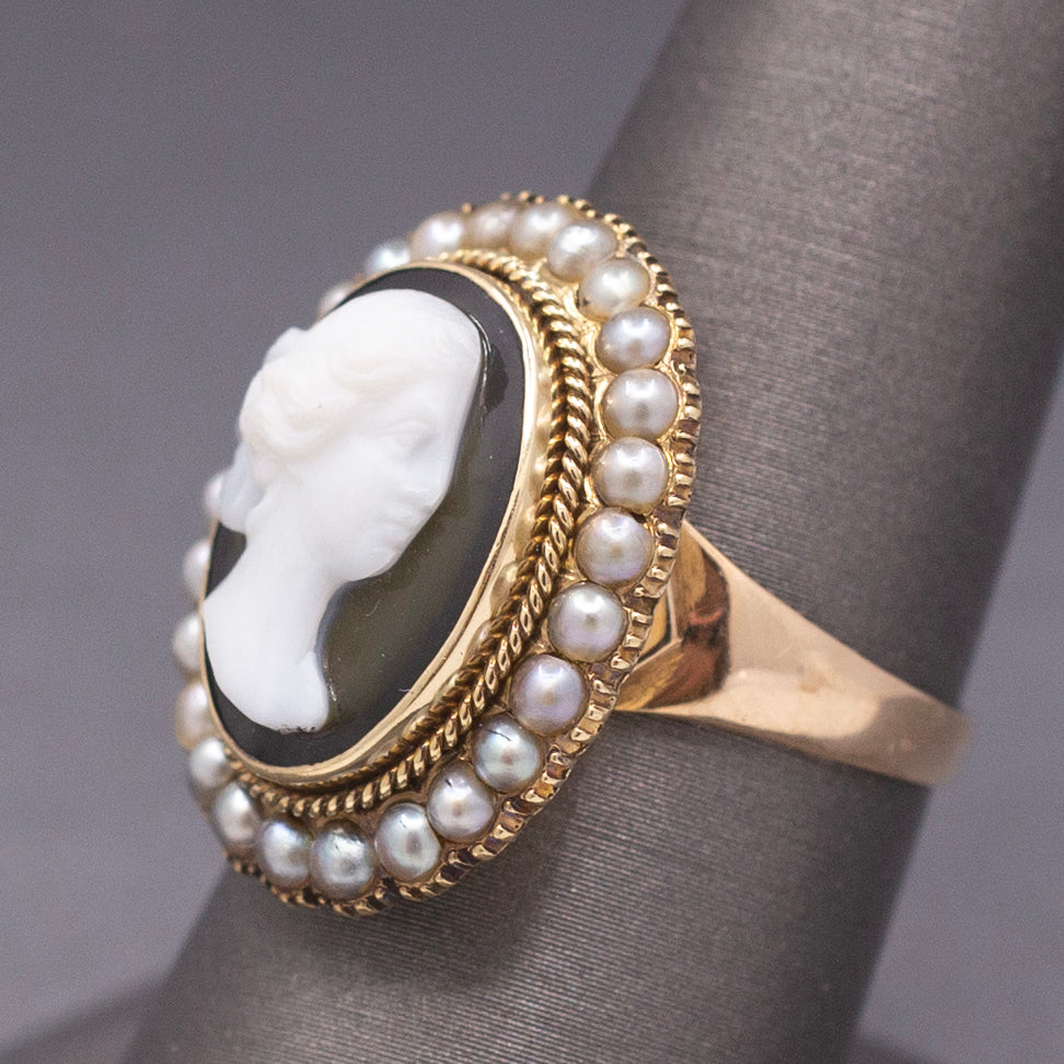 Antique Victorian Black and White Cameo Ring with Pearl Frame in 10k Yellow Gold