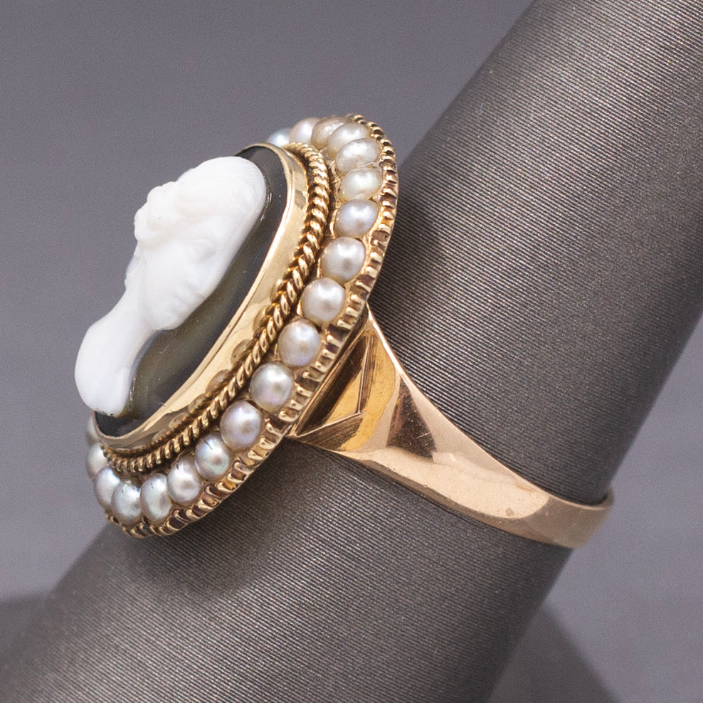 Antique Victorian Black and White Cameo Ring with Pearl Frame in 10k Yellow Gold