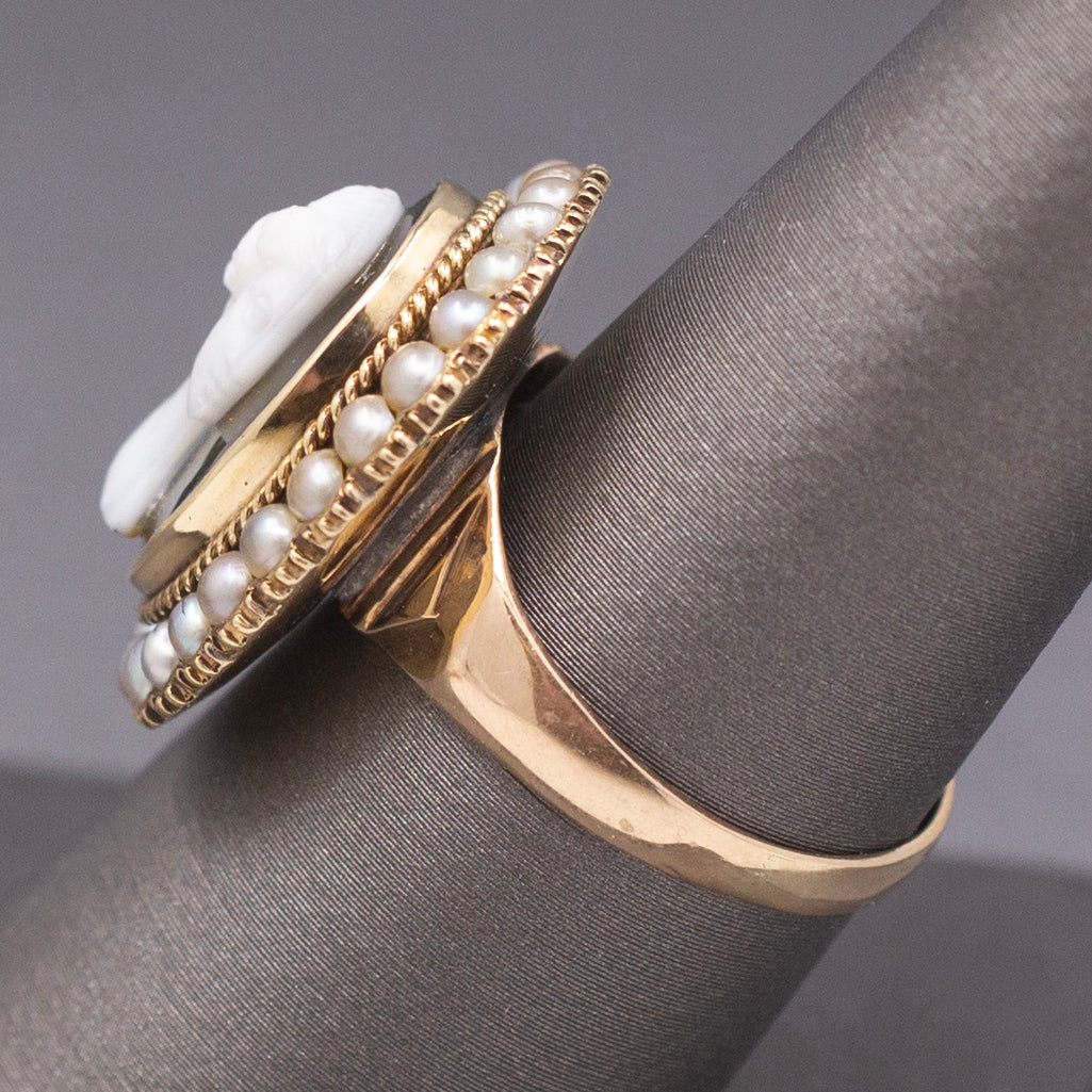 Antique Victorian Black and White Cameo Ring with Pearl Frame in 10k Yellow Gold