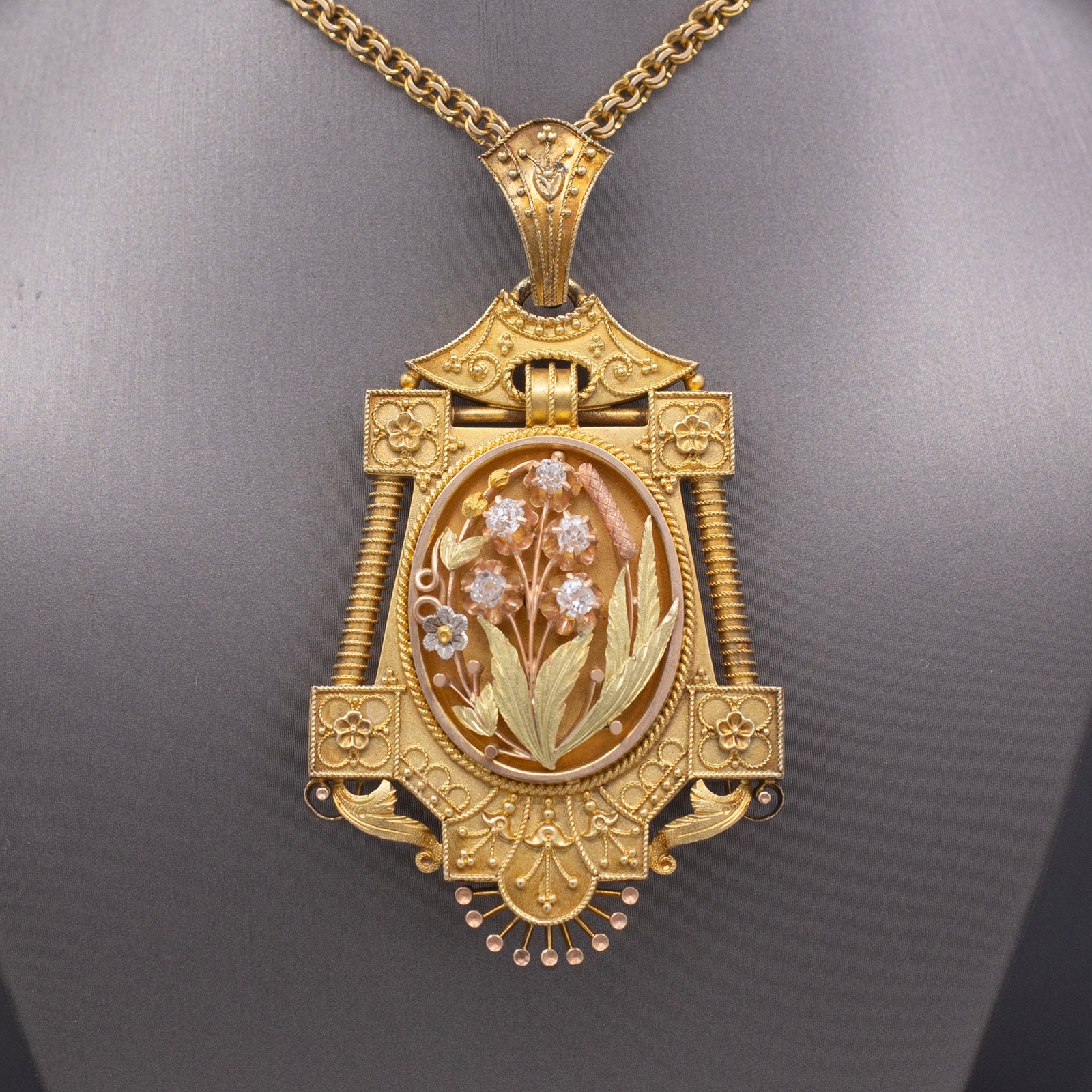 Antique Victorian Old Mine Cut Diamond Floral Etruscan Locket in 14k Yellow Gold