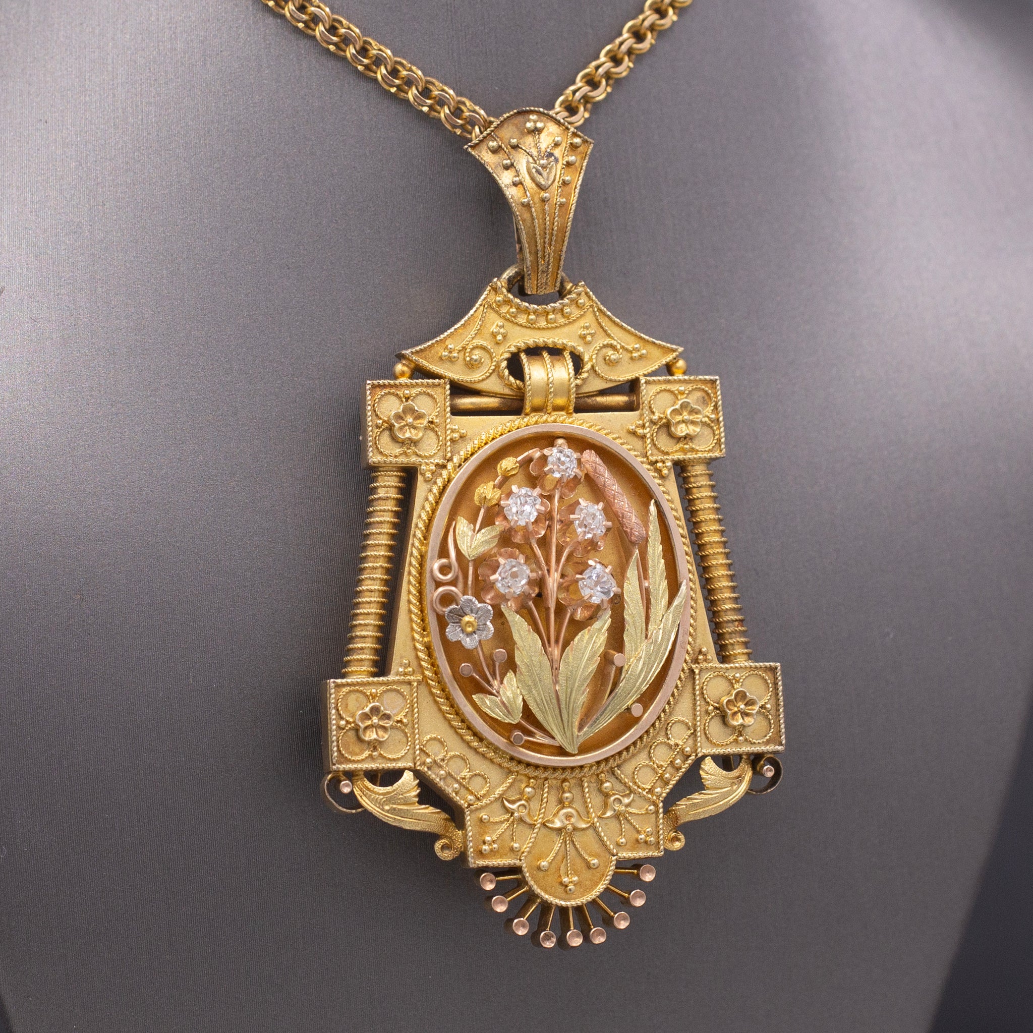 Antique Victorian Old Mine Cut Diamond Floral Etruscan Locket in 14k Yellow Gold