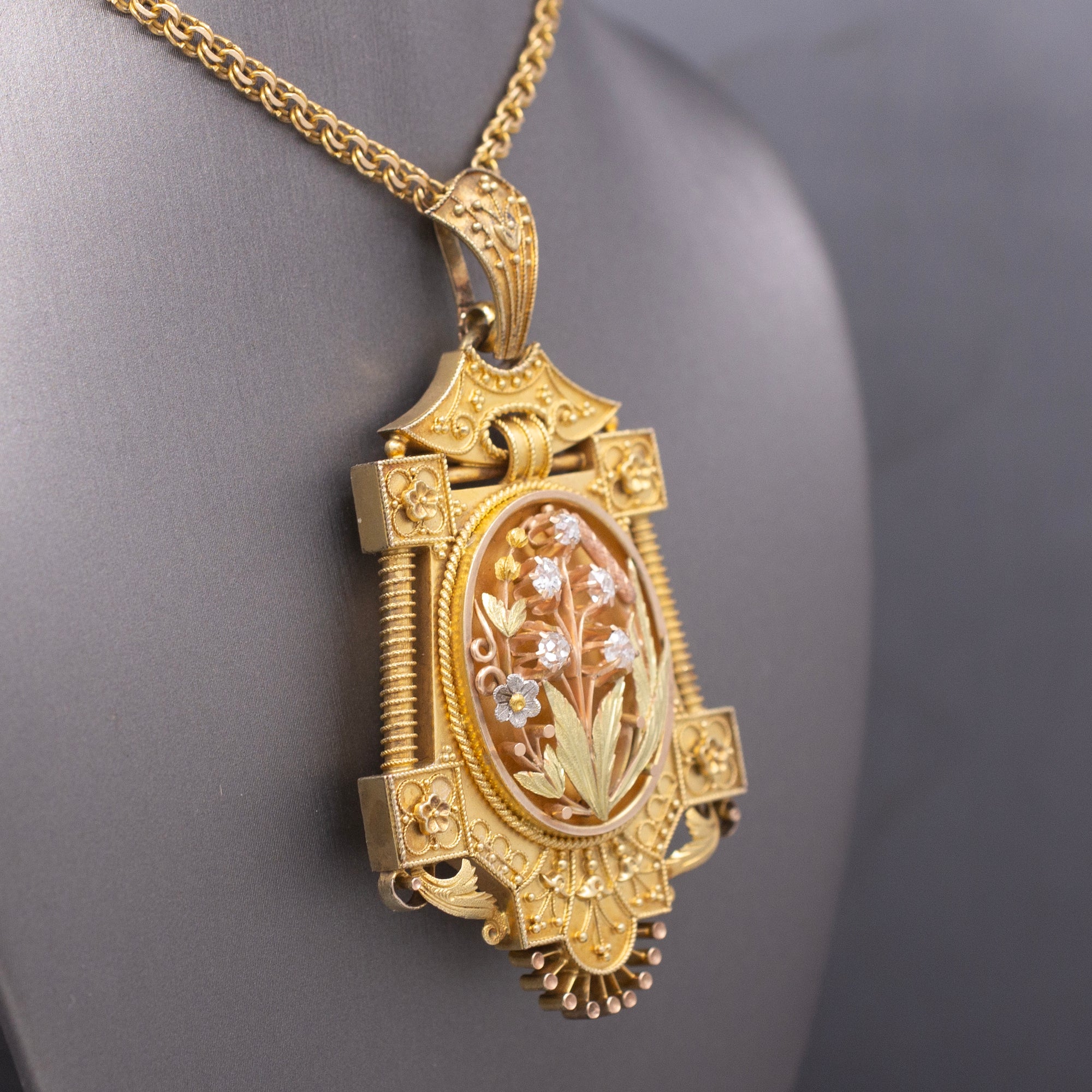 Antique Victorian Old Mine Cut Diamond Floral Etruscan Locket in 14k Yellow Gold