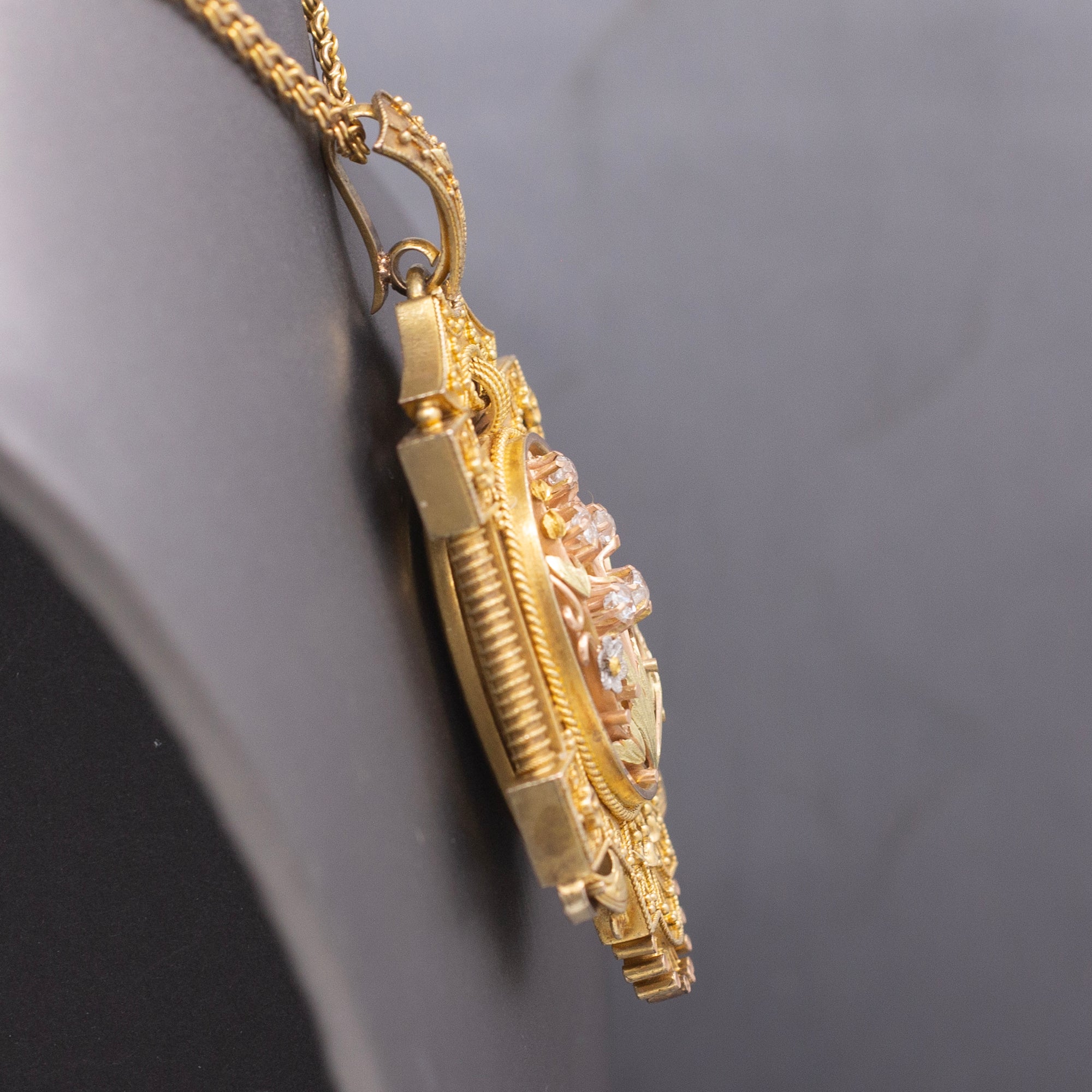 Antique Victorian Old Mine Cut Diamond Floral Etruscan Locket in 14k Yellow Gold
