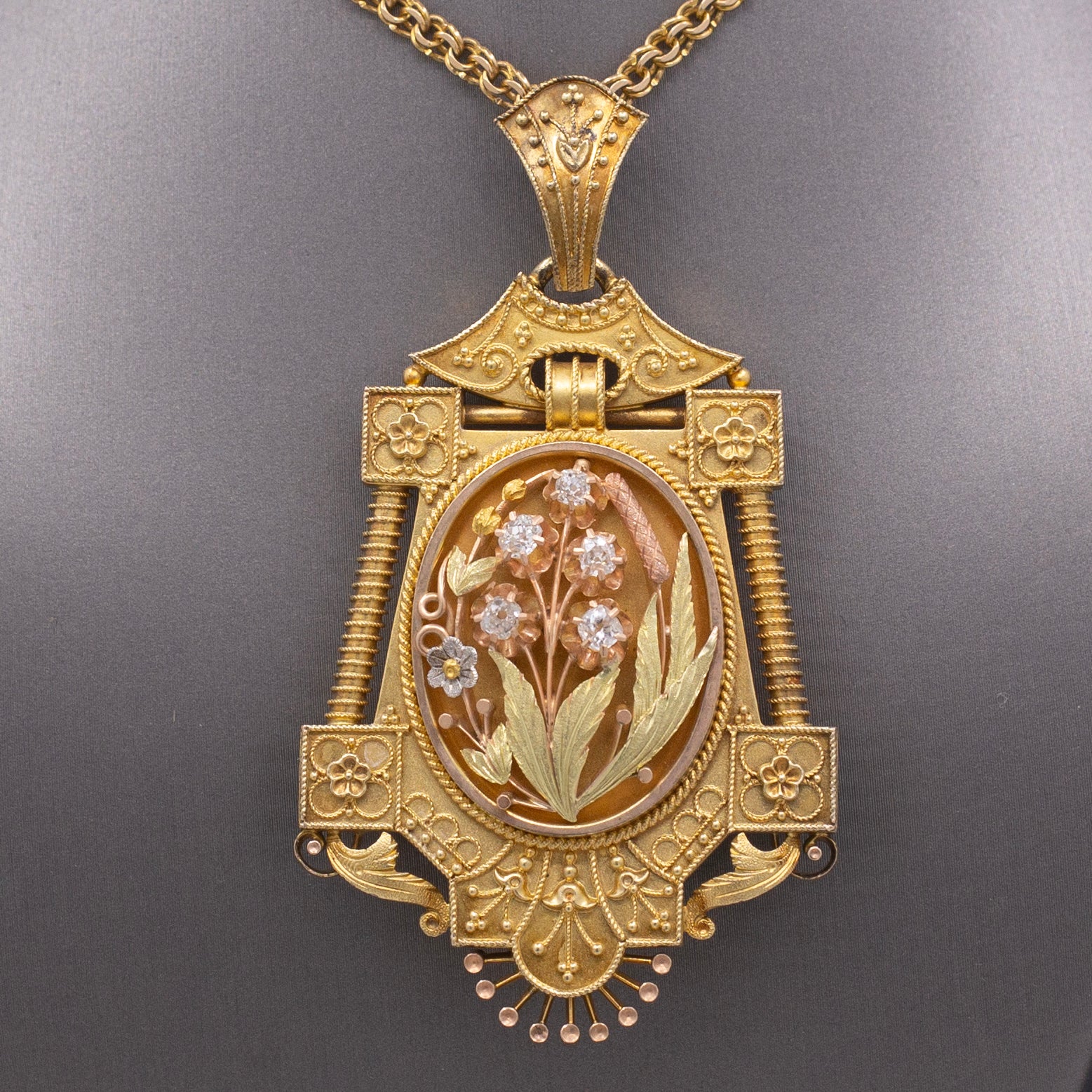 Antique Victorian Old Mine Cut Diamond Floral Etruscan Locket in 14k Yellow Gold