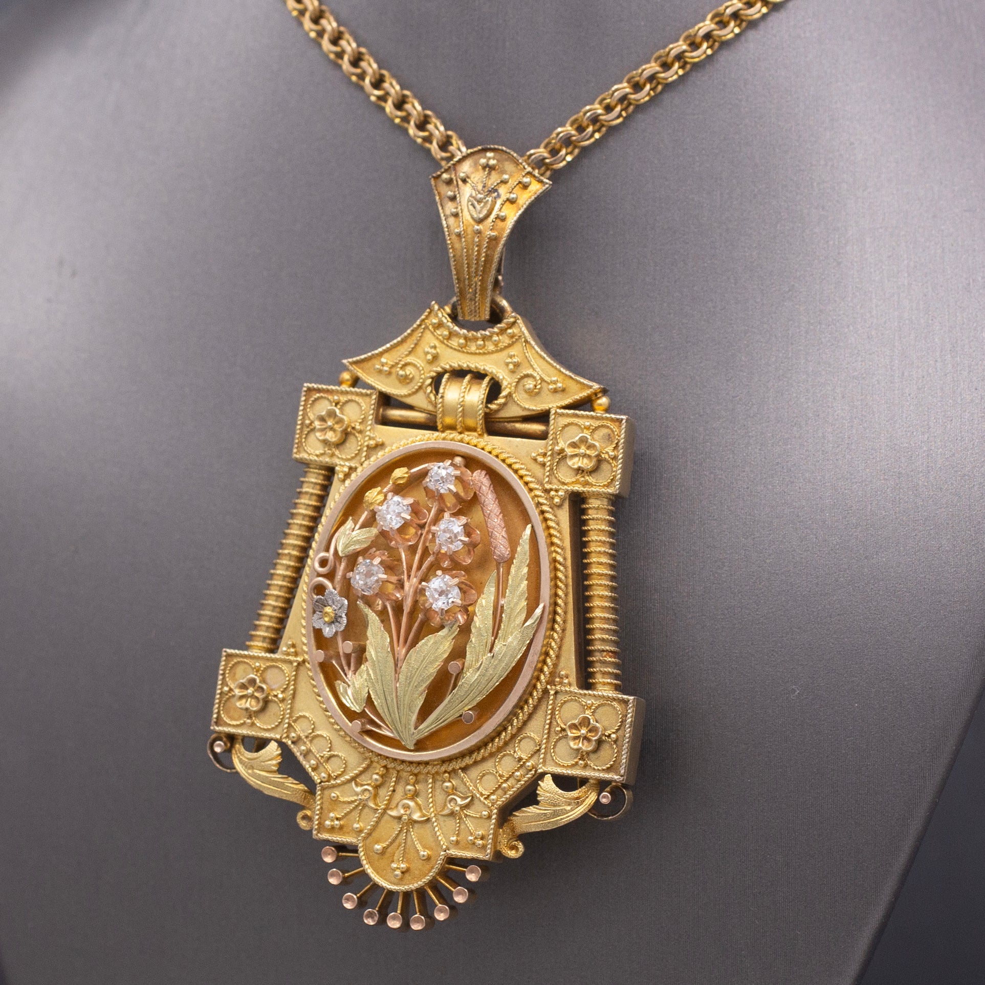 Antique Victorian Old Mine Cut Diamond Floral Etruscan Locket in 14k Yellow Gold