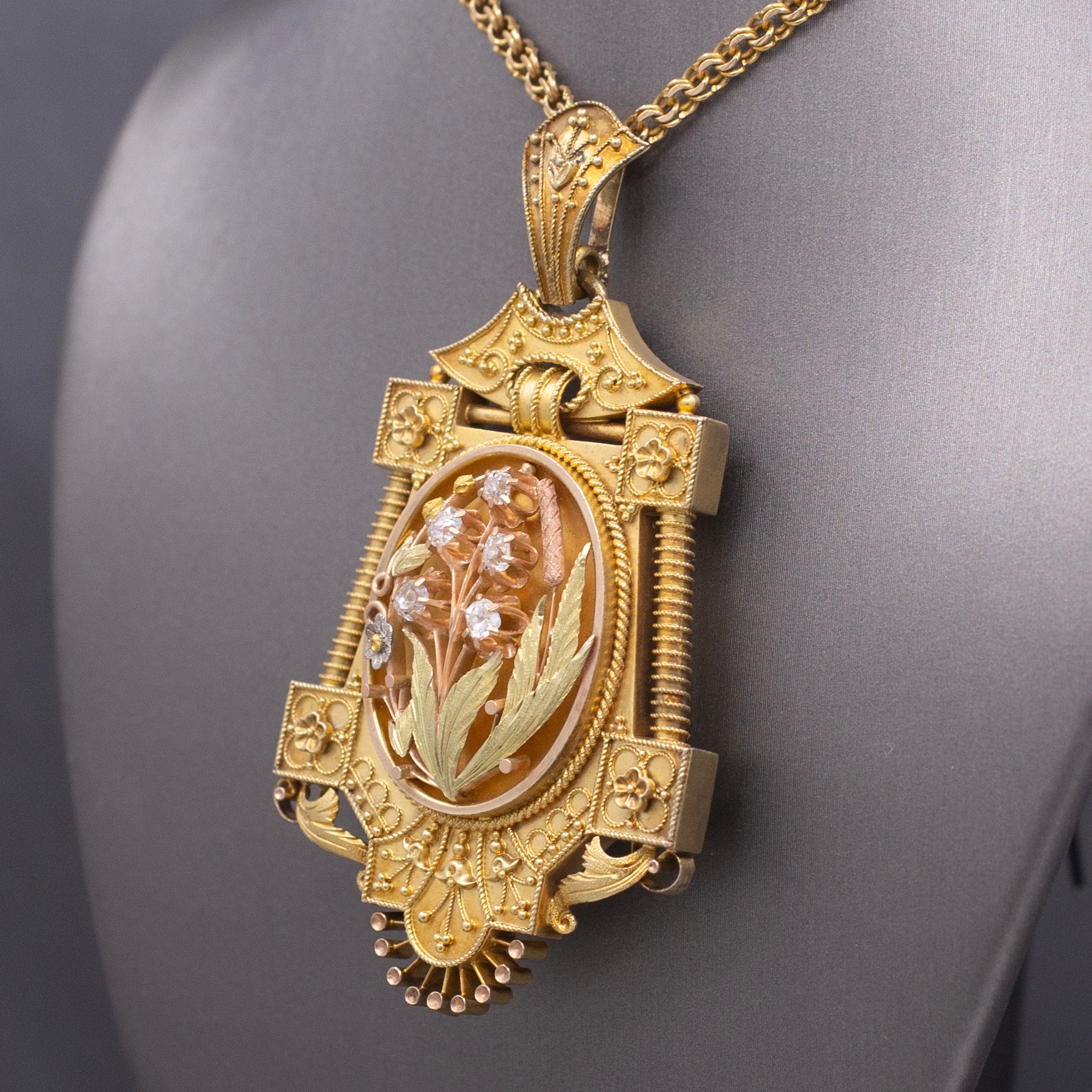 Antique Victorian Old Mine Cut Diamond Floral Etruscan Locket in 14k Yellow Gold
