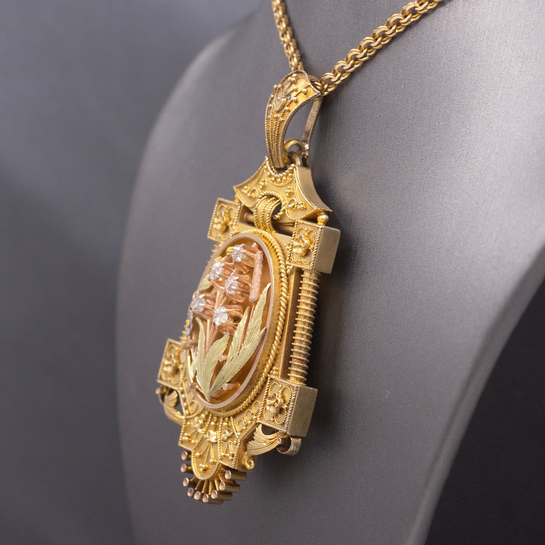 Antique Victorian Old Mine Cut Diamond Floral Etruscan Locket in 14k Yellow Gold