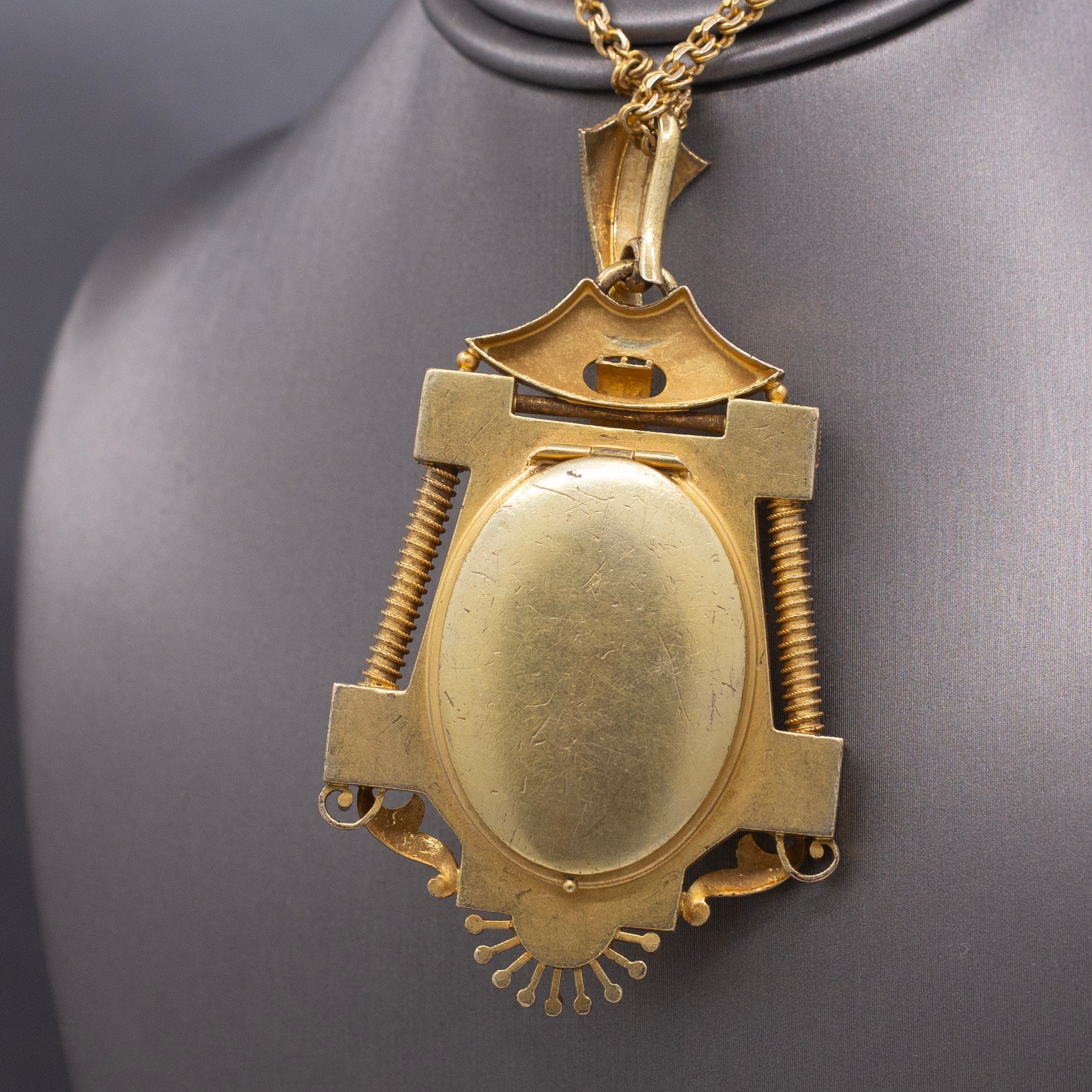 Antique Victorian Old Mine Cut Diamond Floral Etruscan Locket in 14k Yellow Gold