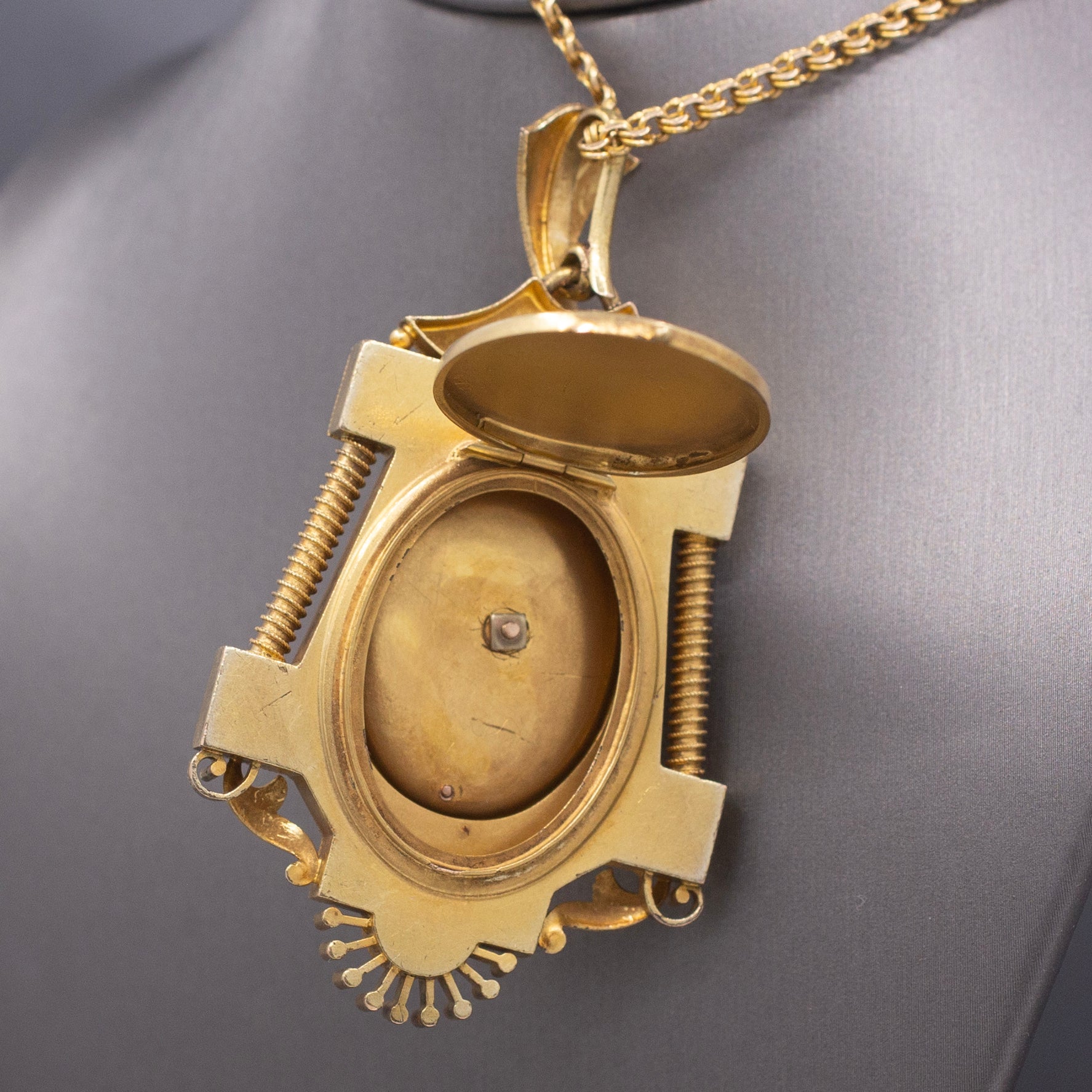 Antique Victorian Old Mine Cut Diamond Floral Etruscan Locket in 14k Yellow Gold