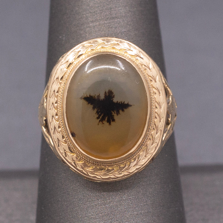 Vintage Dendritic Agate Eagle Bezel Set Statement Ring in 14k Yellow Gold
