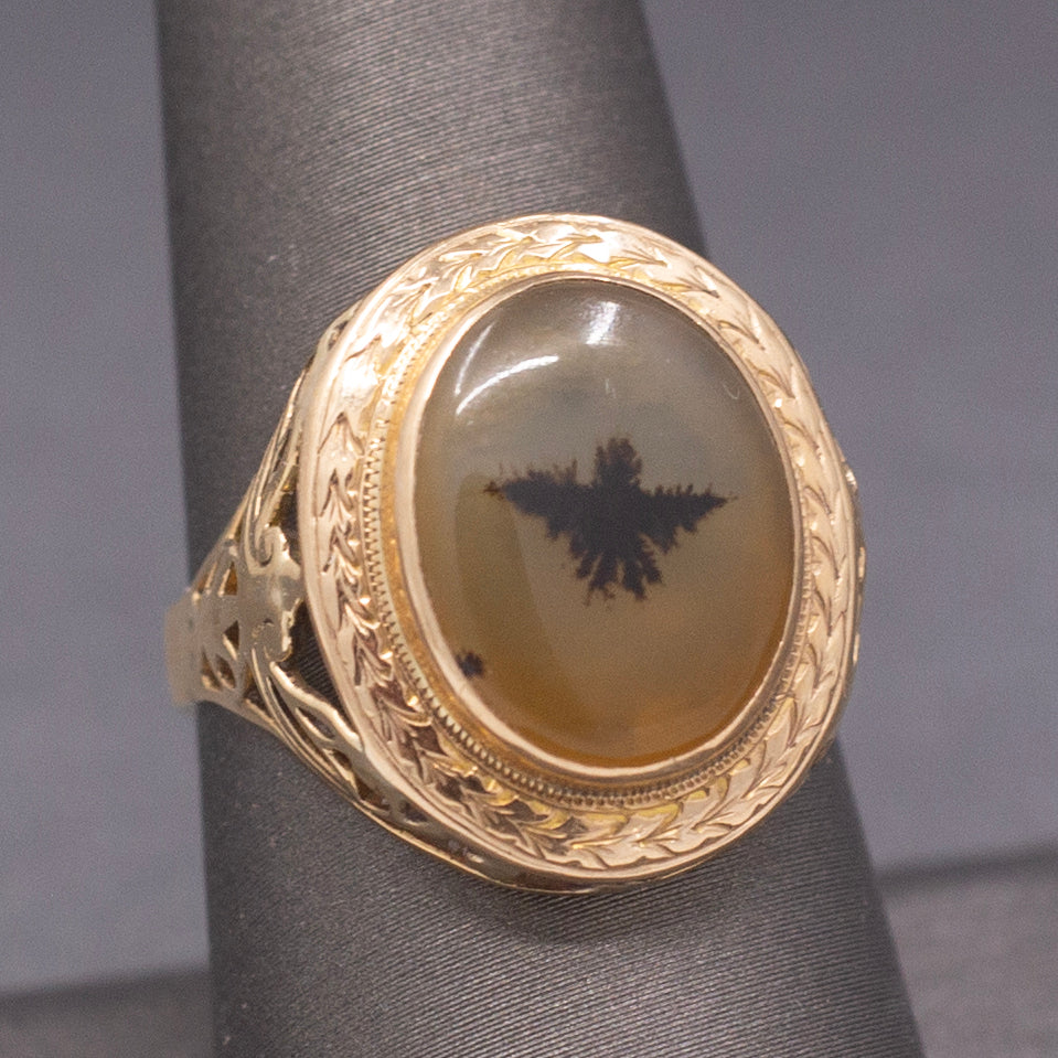 Vintage Dendritic Agate Eagle Bezel Set Statement Ring in 14k Yellow Gold