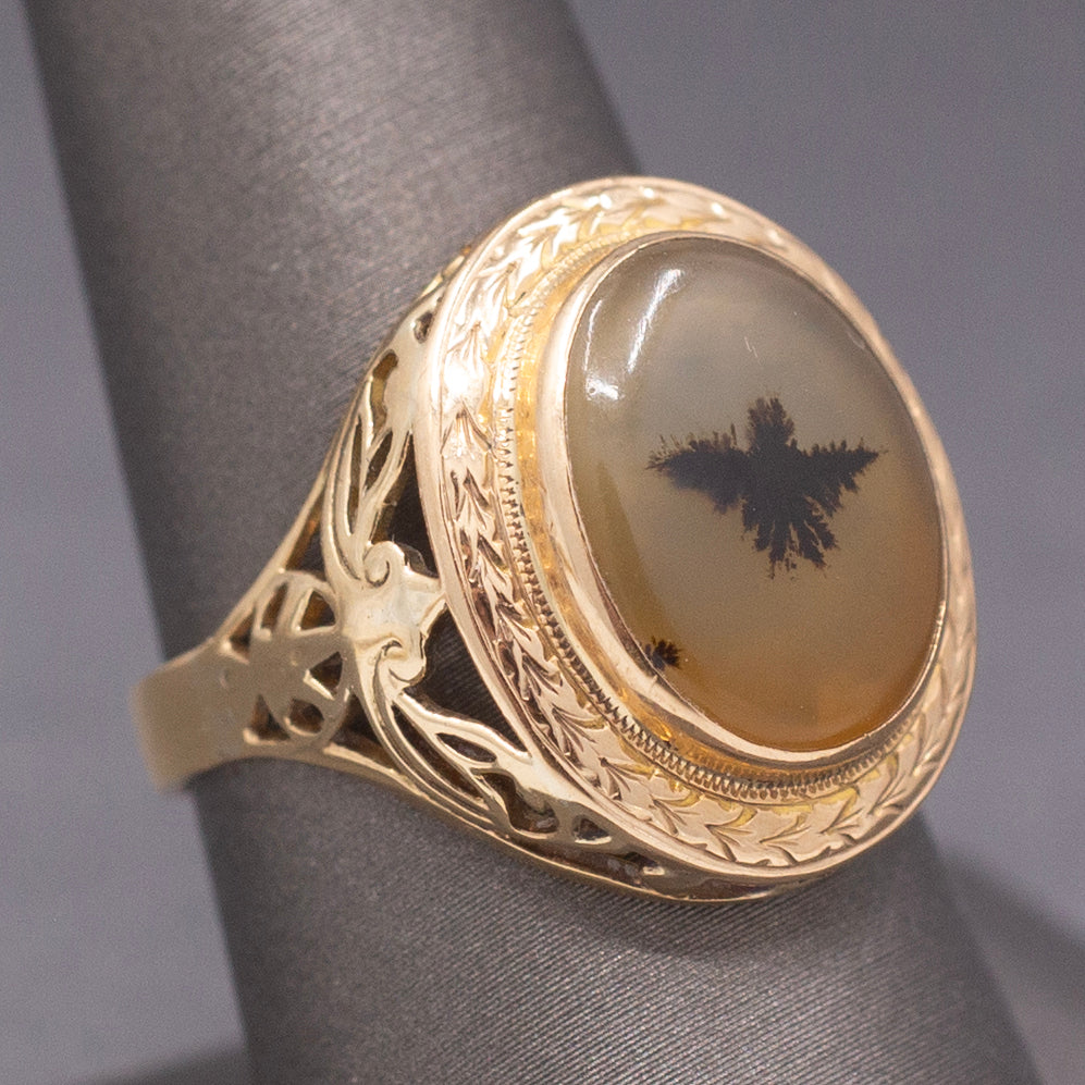 Vintage Dendritic Agate Eagle Bezel Set Statement Ring in 14k Yellow Gold