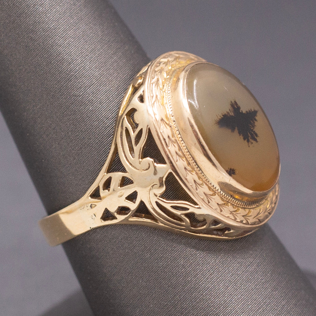 Vintage Dendritic Agate Eagle Bezel Set Statement Ring in 14k Yellow Gold