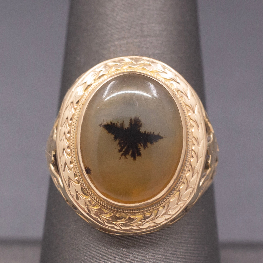 Vintage Dendritic Agate Eagle Bezel Set Statement Ring in 14k Yellow Gold