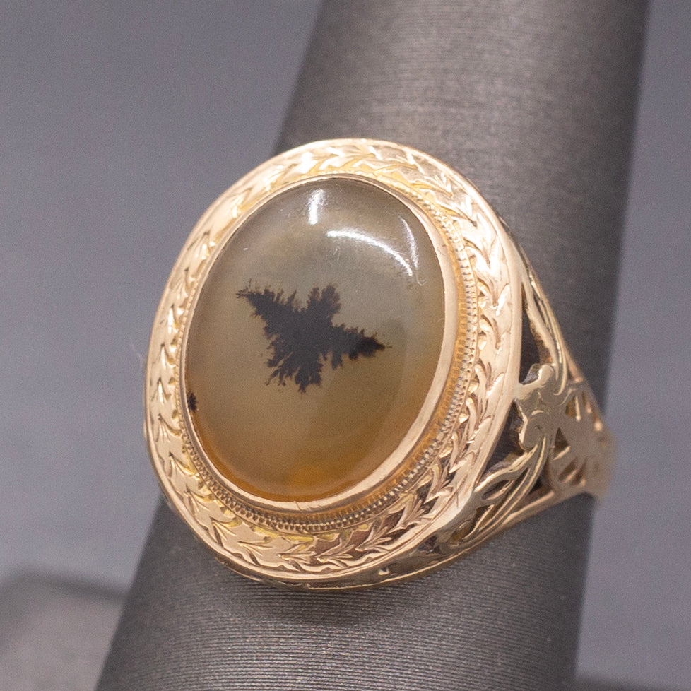 Vintage Dendritic Agate Eagle Bezel Set Statement Ring in 14k Yellow Gold