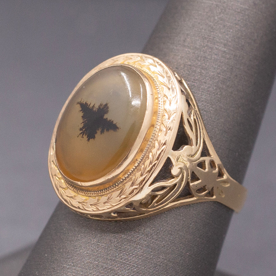 Vintage Dendritic Agate Eagle Bezel Set Statement Ring in 14k Yellow Gold