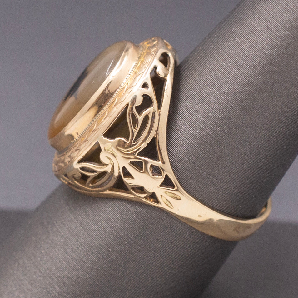 Vintage Dendritic Agate Eagle Bezel Set Statement Ring in 14k Yellow Gold