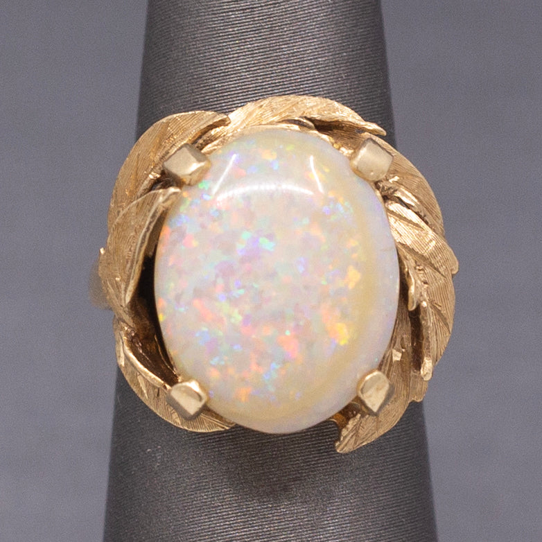 Mid-Century Opal Cocktail Ring with Leaf Design in 14k Yellow Gold