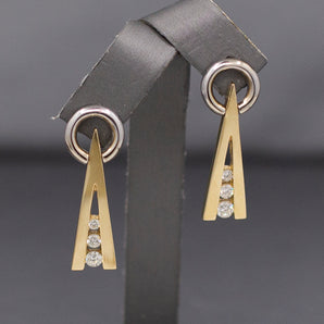 Elegant Elongated Two Tone Diamond V Earrings in 14k Yellow and White Gold