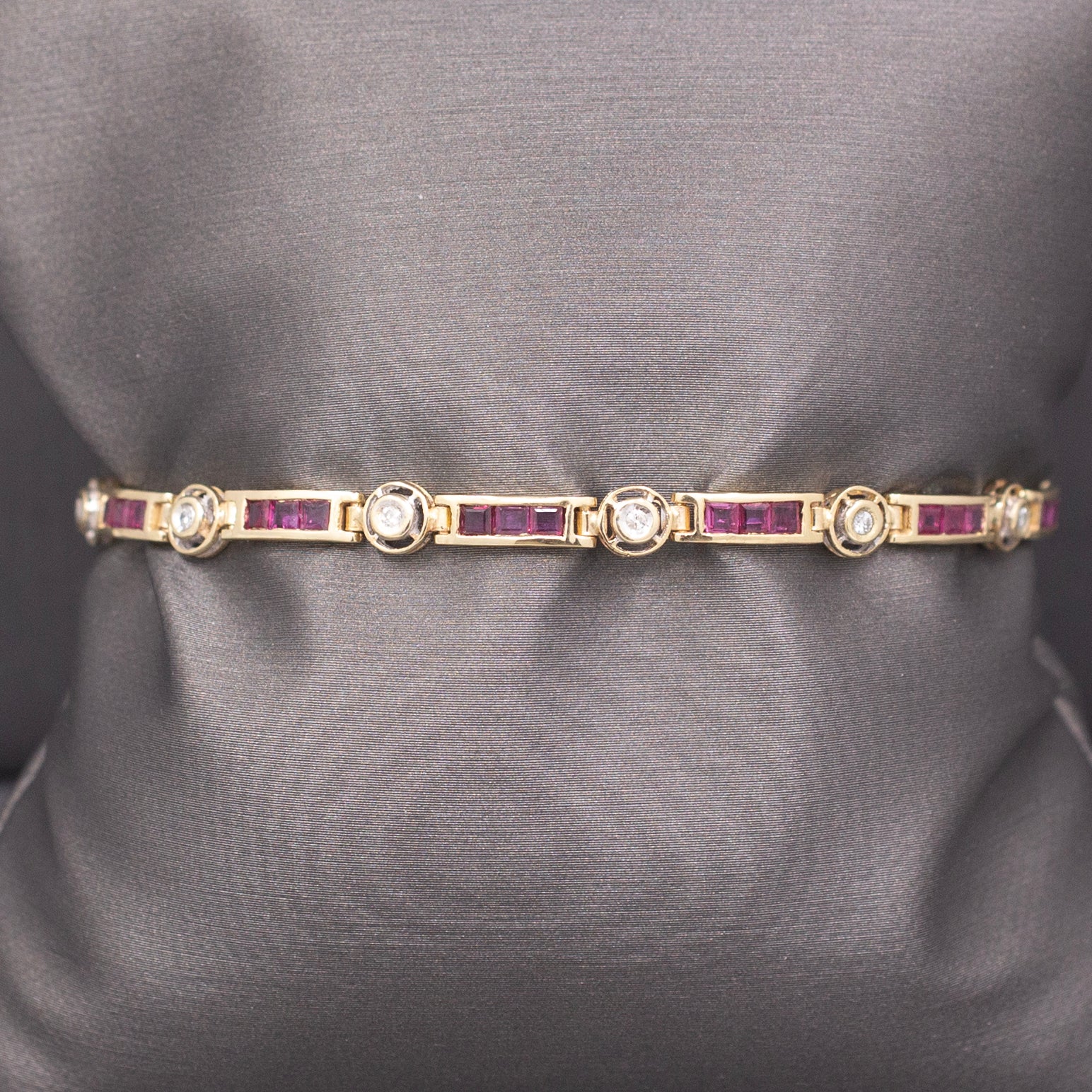 Vintage Ruby and Diamond Bar Link Bracelet in 14k Yellow Gold